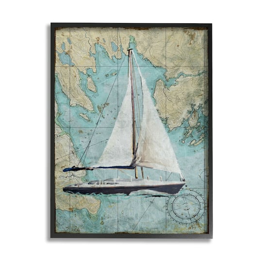 Stupell Industries Vintage World Map Sail Boat Ocean Coast Painting Framed Wall Art